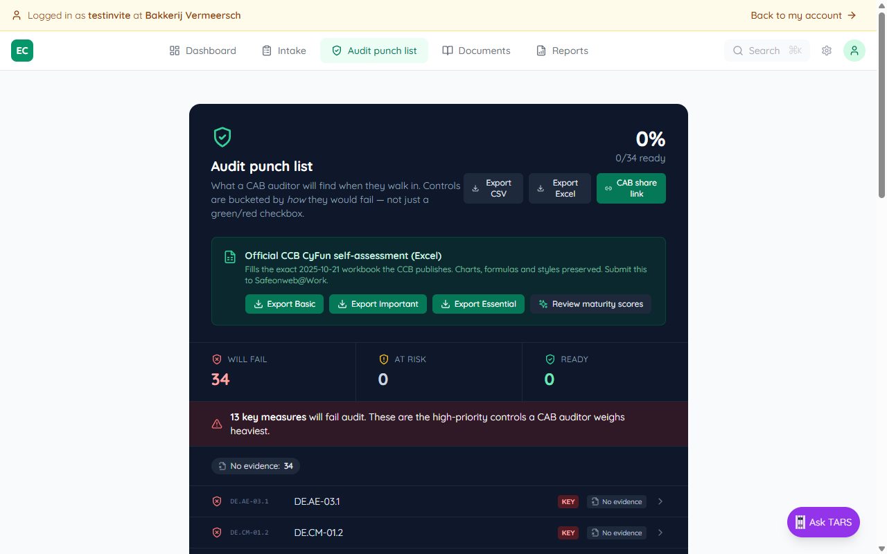 Audit punch list overview showing the readiness KPI at the top with Export CSV, Export Excel, and CAB share link buttons, the three bucket cards (Will fail 34, At risk 0, Ready 0), and the No evidence group with KEY-tagged findings for DE.AE-03.1, DE.CM-01.2, ID.AM-08.2 and other controls