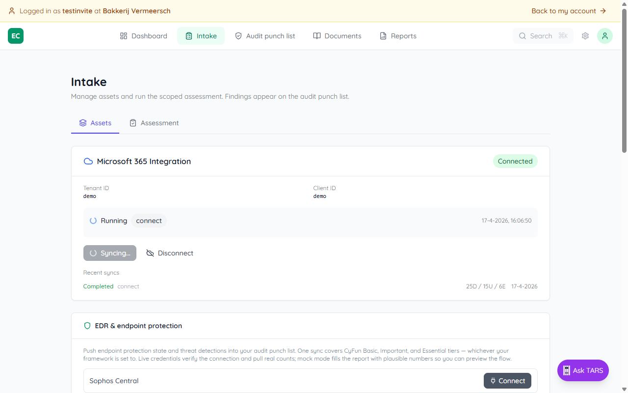 Intake Assets tab showing Microsoft 365 Integration card connected, EDR endpoint protection card with Sophos and Bitdefender, Declared estate card with observed counts, entity count tiles, and entity groups list