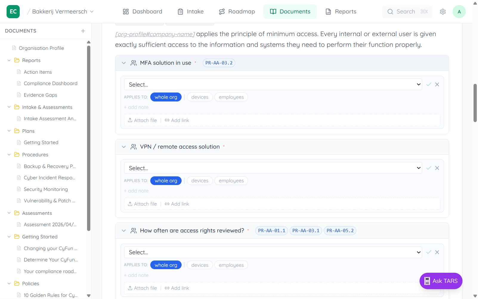 Document field showing Attach file and Add link buttons at the bottom of a placeholder block