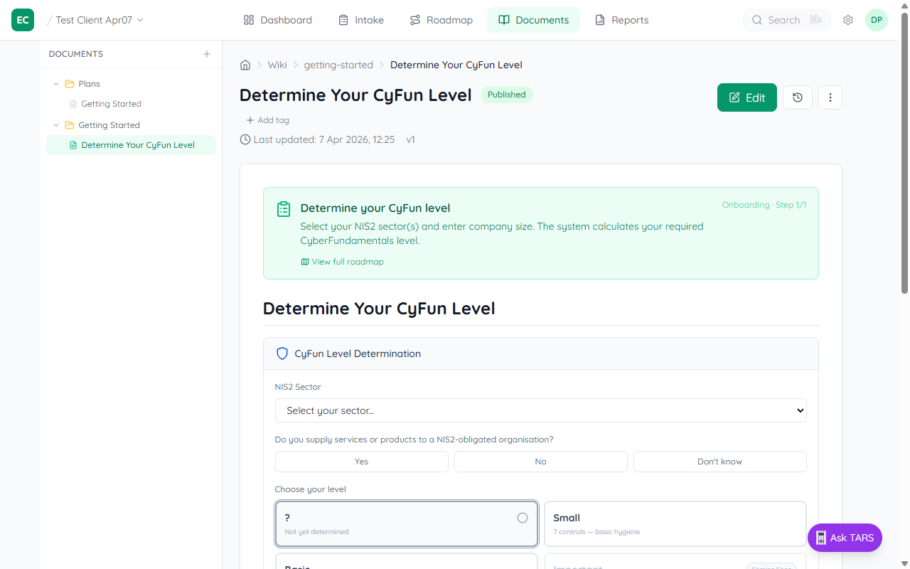 Client home page after framework provisioning showing 3% audit-ready score with 1 of 34 controls resolved and focus tasks