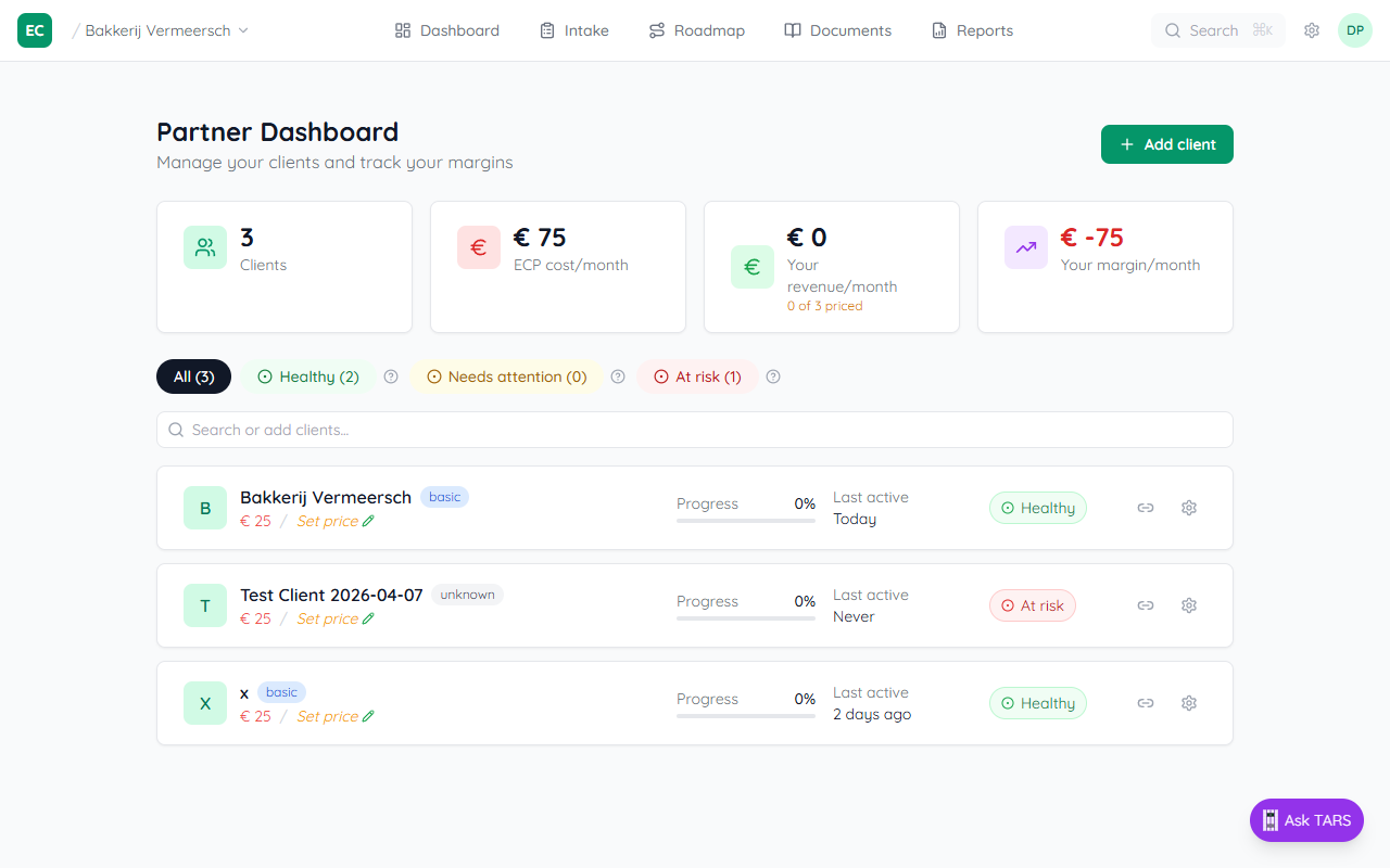 Partner dashboard showing the client portfolio list with an Add client button in the top-right