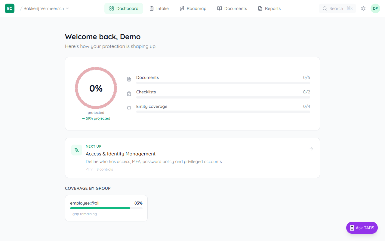 Client workspace home page for Bakkerij Vermeersch showing audit-ready score and focus tasks