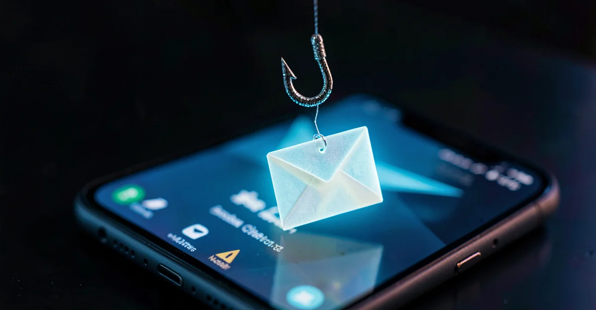 Phishing concept: fishing hook with email as bait