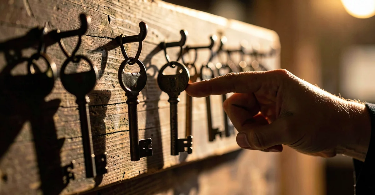 Hand reaching for the right key among several antique keys - representing choosing the right cybersecurity solution