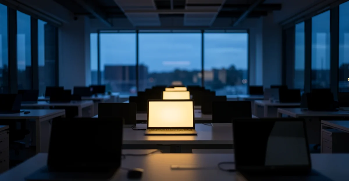 Office desk at dusk with one lit laptop among many dark ones, symbolising unapproved AI tools at work