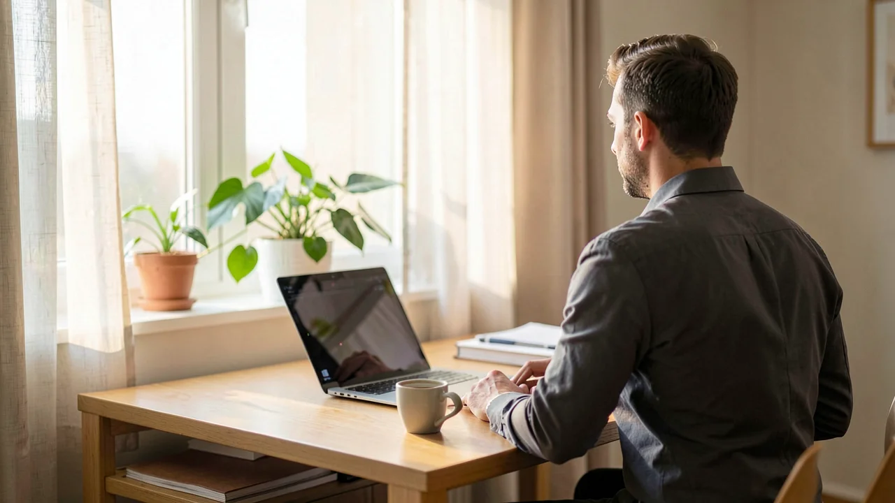 Business owner working on cybersecurity compliance with clear dashboard